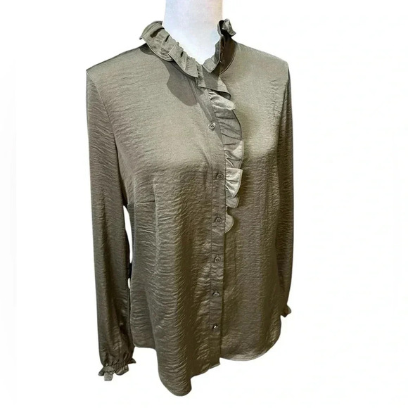CAbi Icon Blouse Long Sleeve Ruffle Button Down Size S Olive Green - Picture 6 of 6